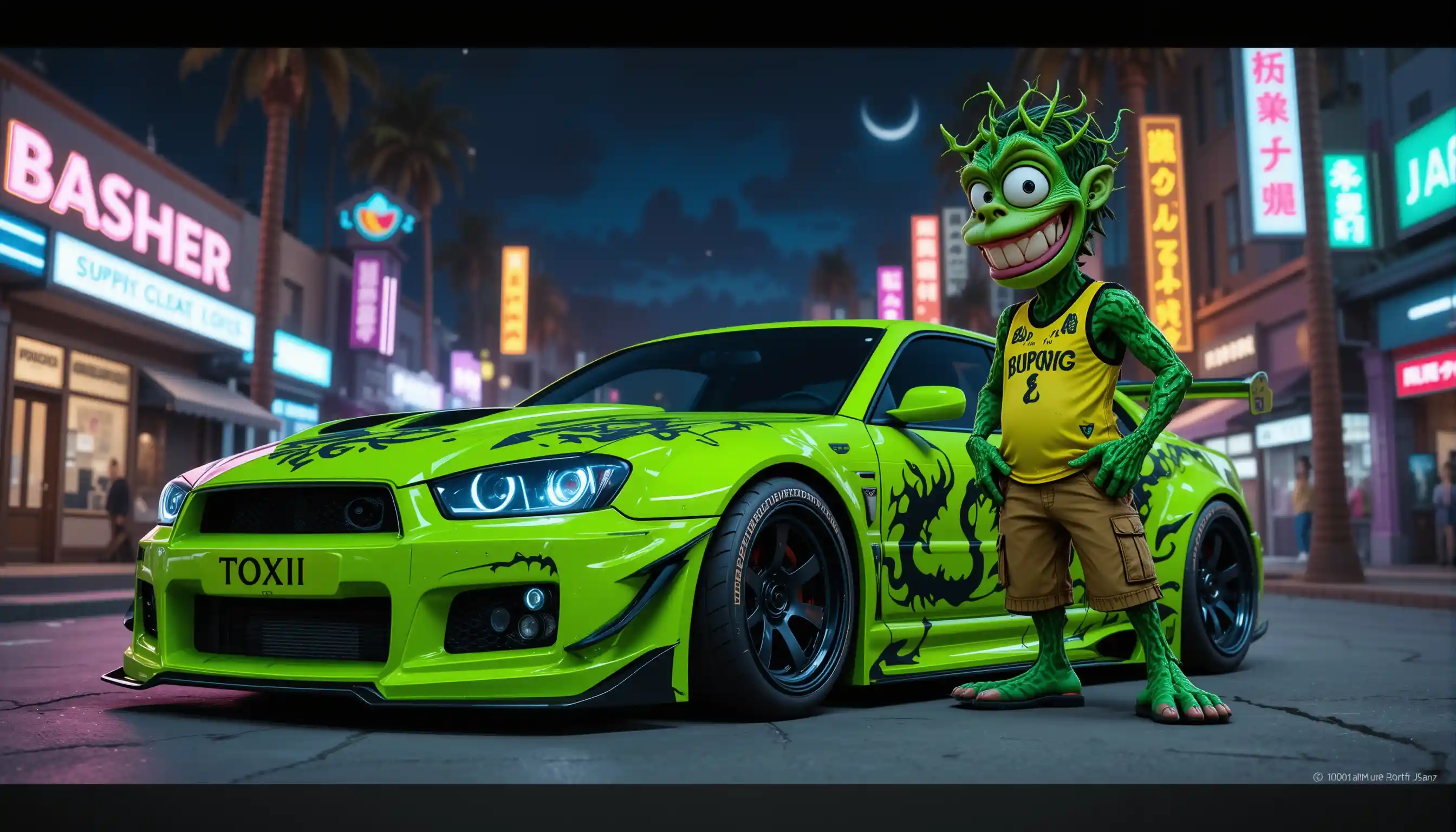 Neon green custom car with goofy vine monster at night