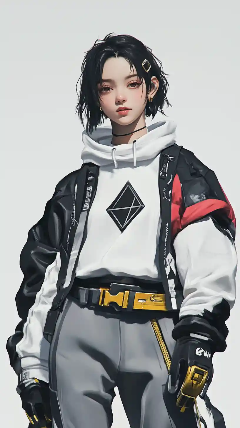 Girl with short black hair in futuristic layered outfit