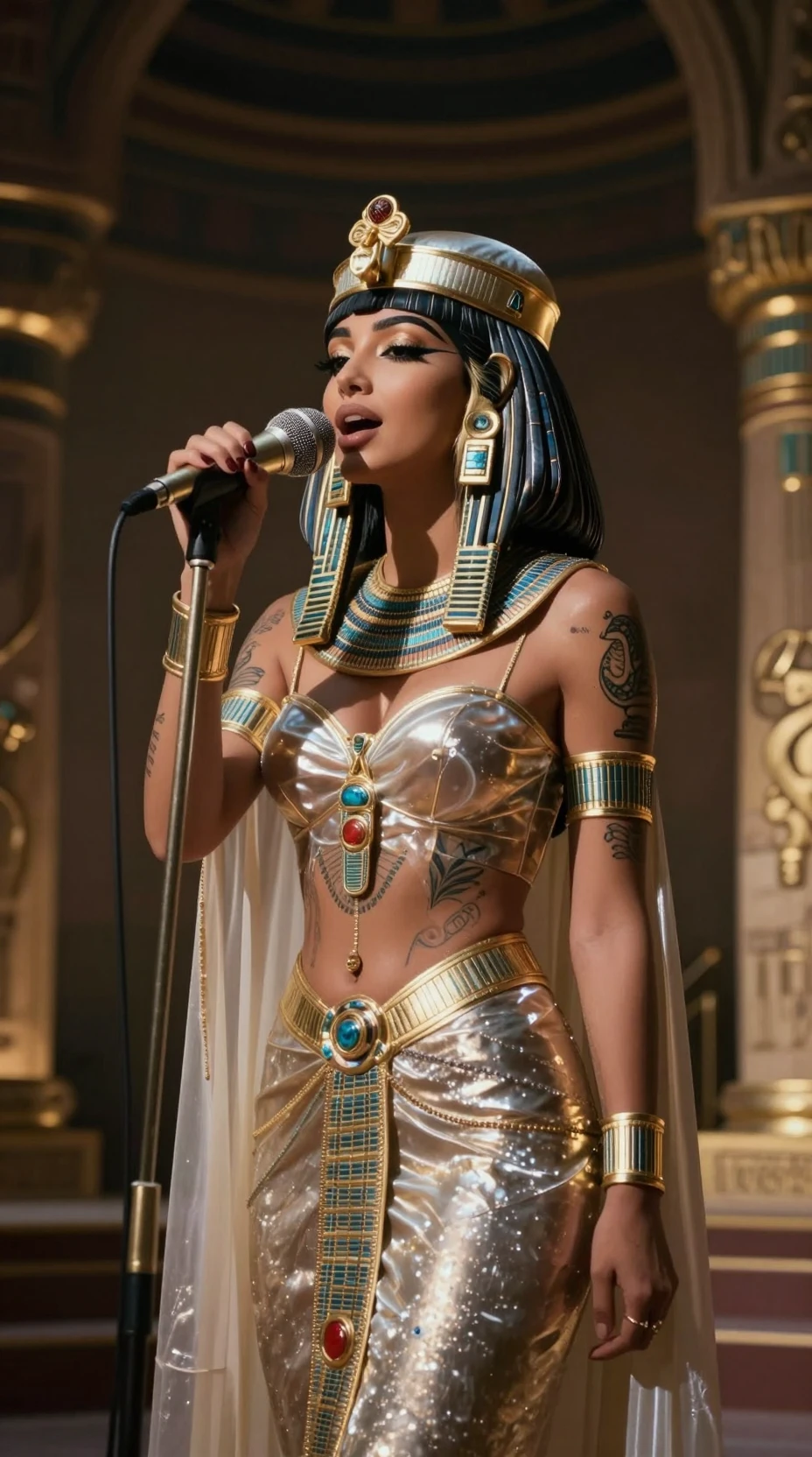 Tattooed egyptian diva singing in a dramatic palace interior