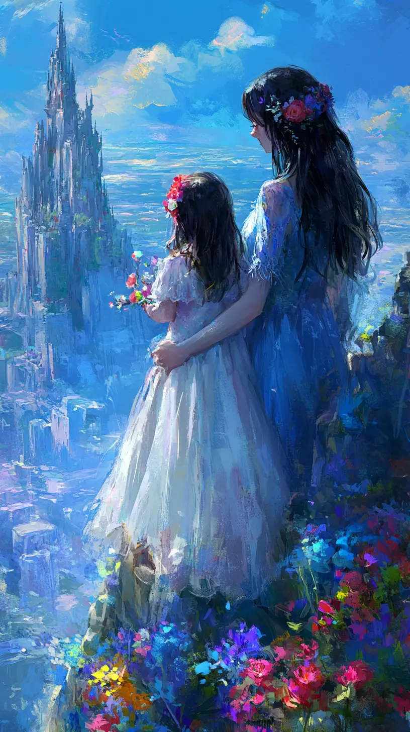 Anime mother and child sharing joy near ancient castle ruins