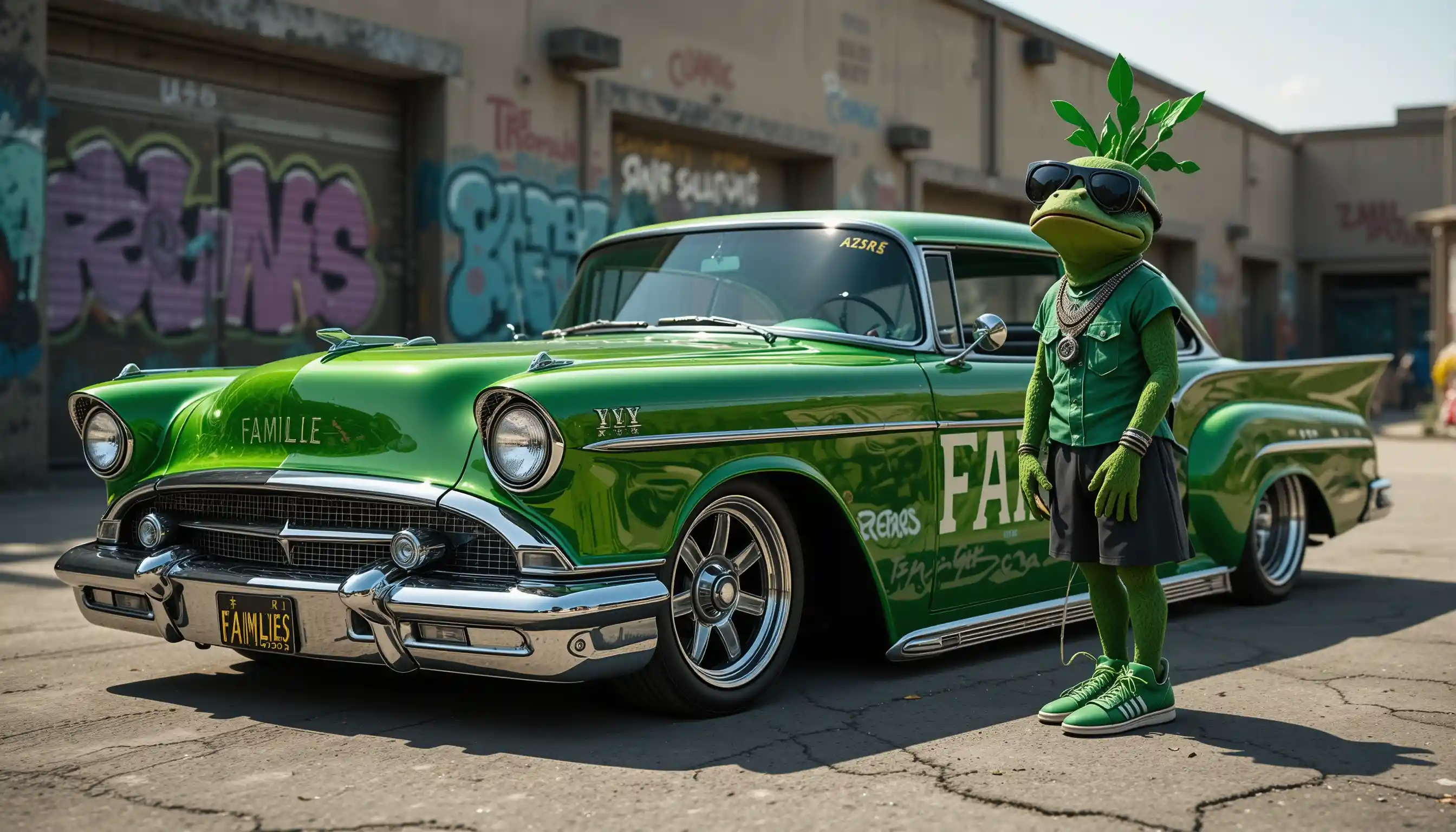 Anthropomorphic rapper frog with green lowrider car