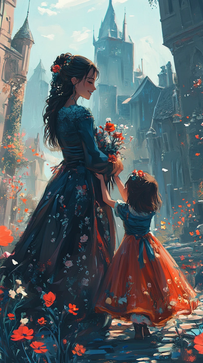 Anime mother and child sharing joy near ancient castle ruins