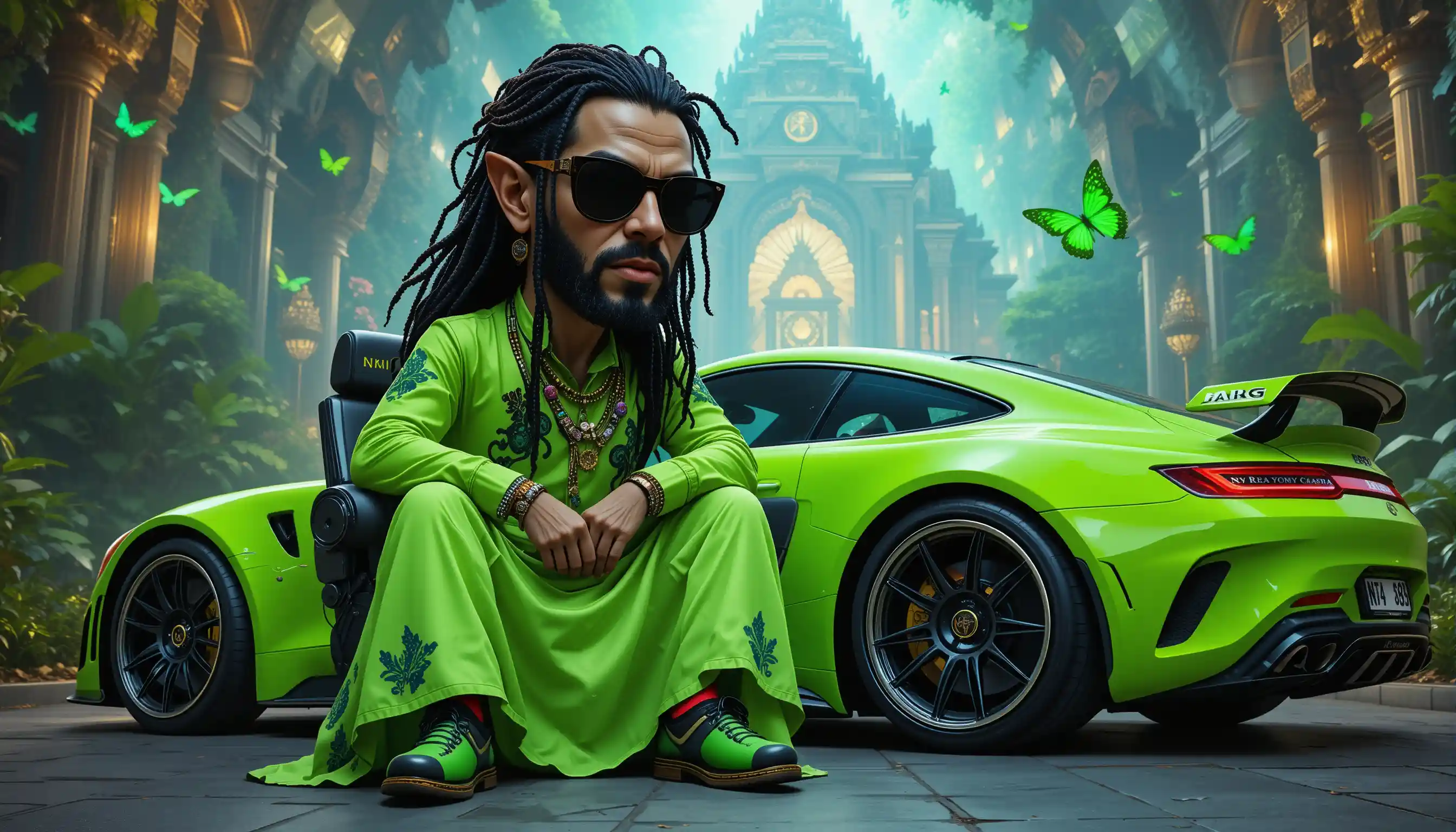 Gangster boss in lime robe beside futuristic sports car