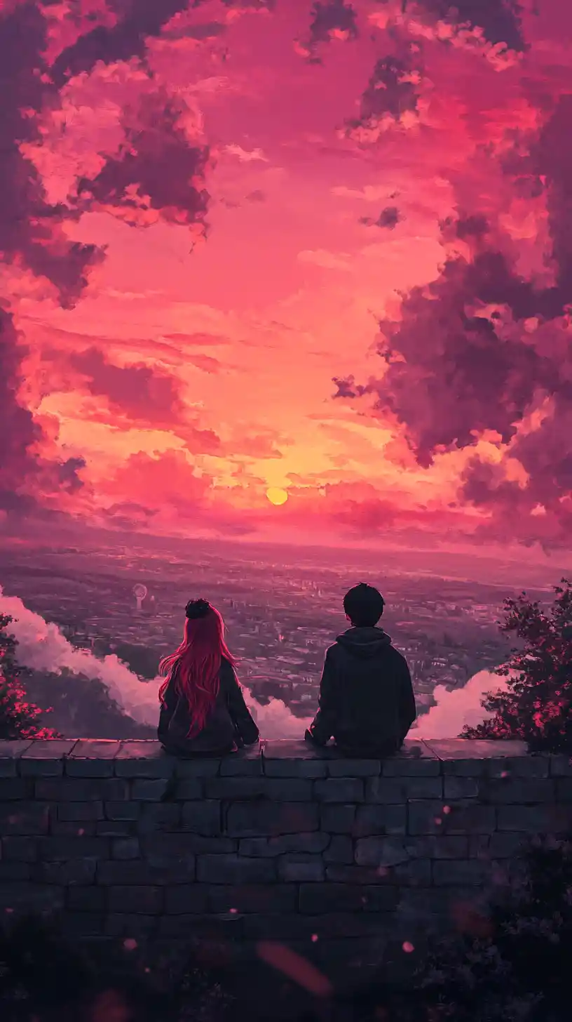 Anime couple on old castle wall at romantic sunset