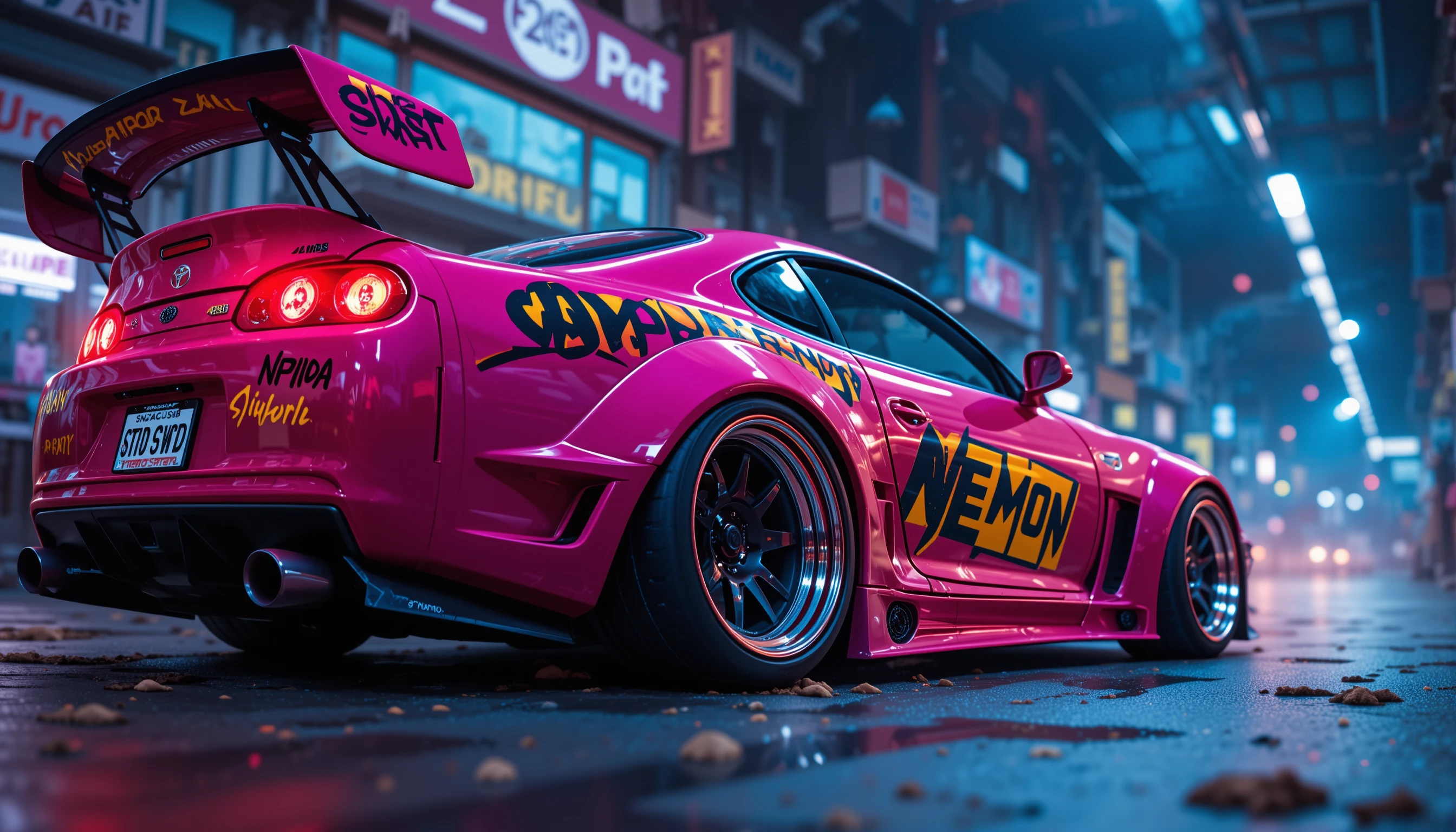 Extreme close up of widebody drift sports car