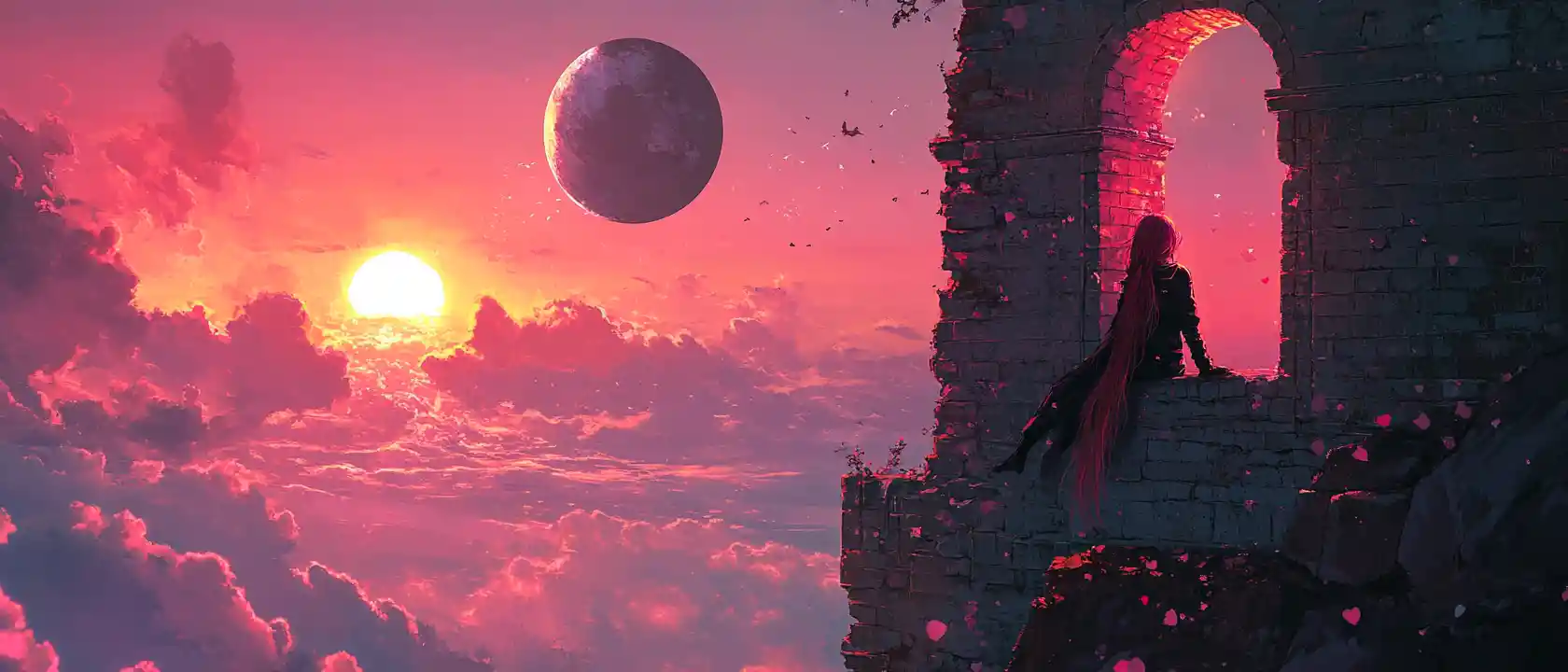 Anime couple on old brick castle wall at sunset