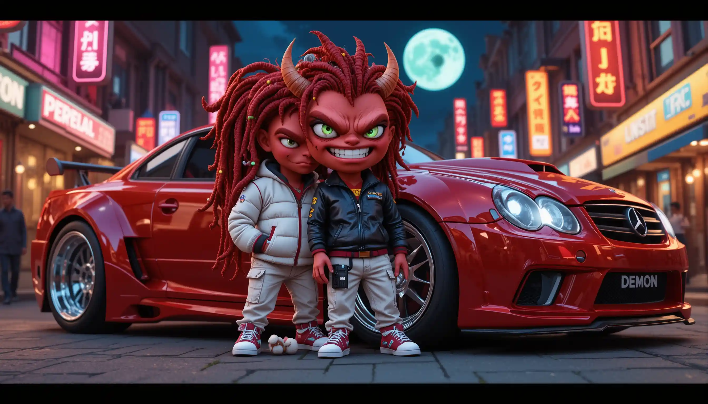 Cartoon devil with custom red car on neon underworld street