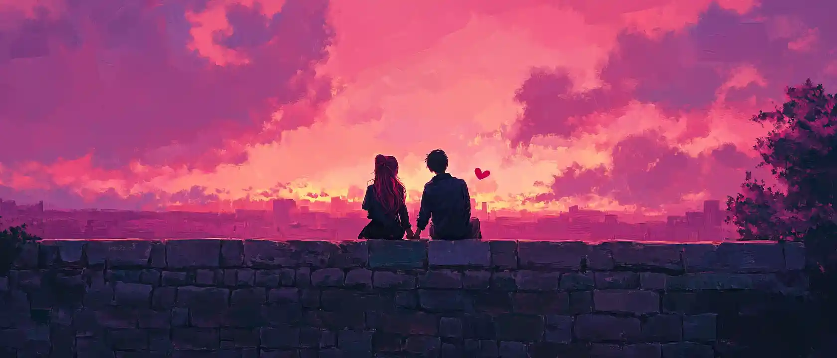 Anime couple on red brick castle walls at sunset