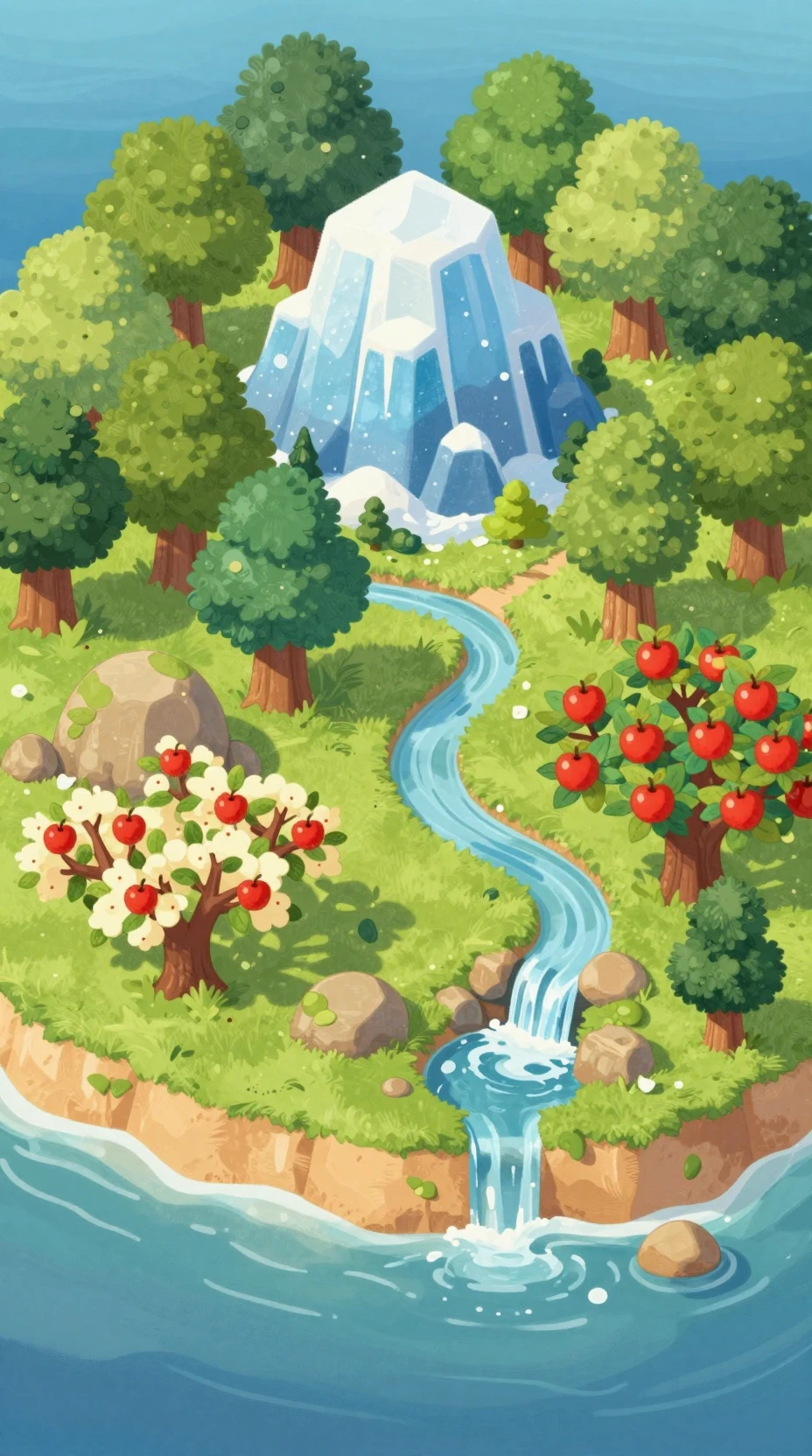 Cozy Cartoon Island With Forest River And Waterfall