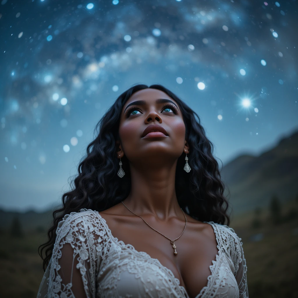 Black woman gazing up at a distant starry sky