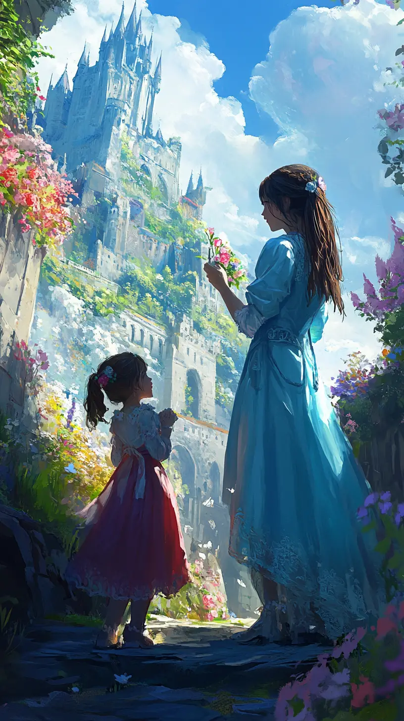 Anime mother and child celebrating together among castle ruins