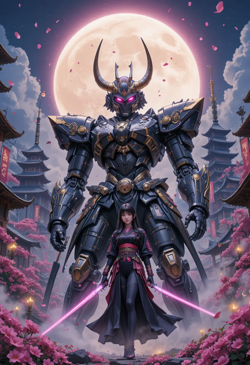 Guardiano mecha samurai con pilota in città al neon illuminata dalla luna