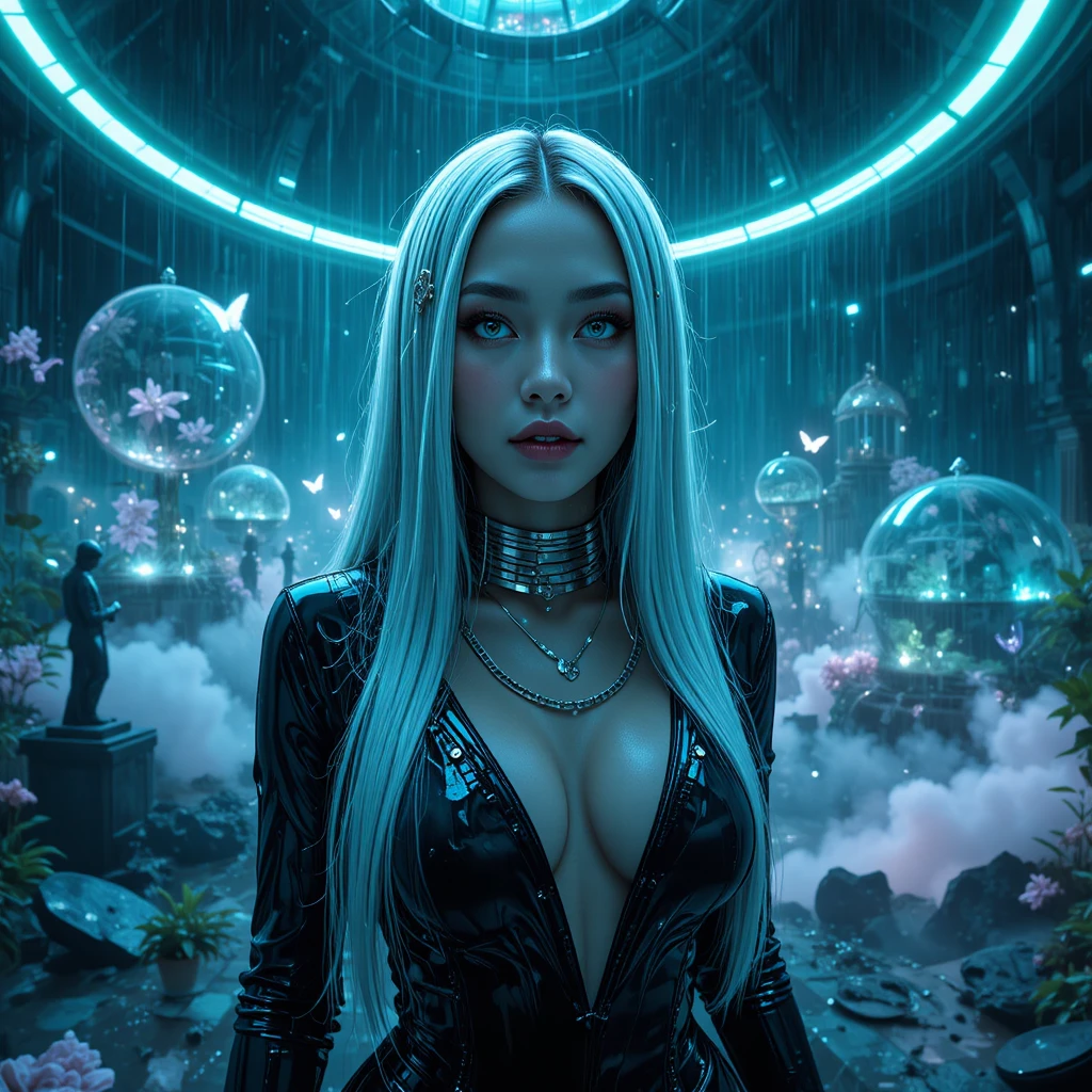 Futuristic femme fatale in an orbital botanical garden