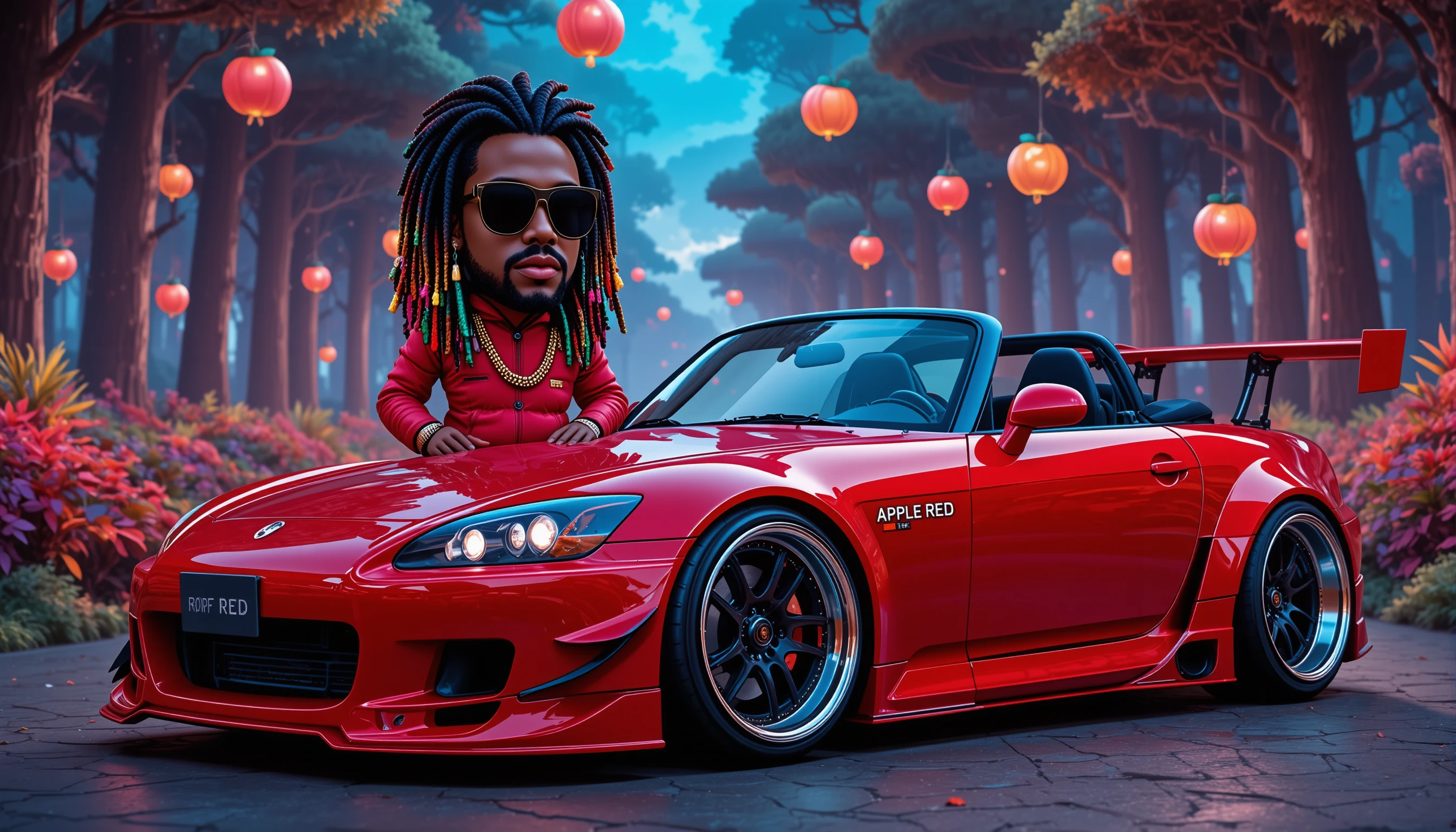 Gangster rap boss with red car in neon fantasy forest