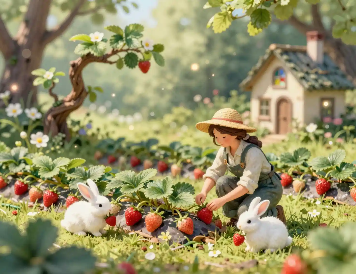 Woman farmer tending strawberries with rabbit in forest meadow