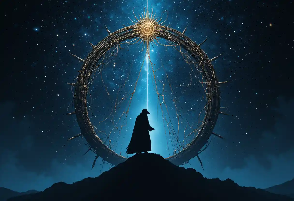 Raven guarding a glowing spiral gate in cosmic darkness