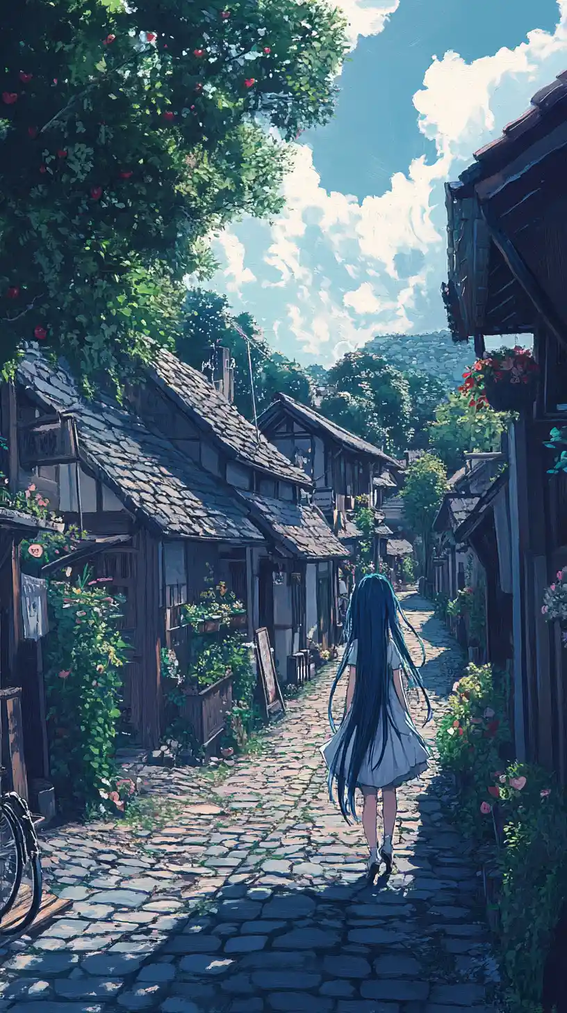 Anime girl in a romantic village on Valentines morning