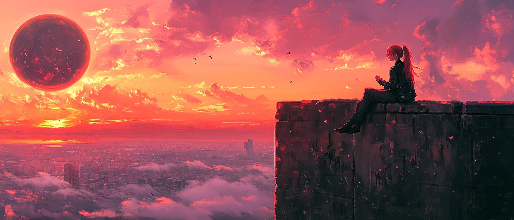Anime couple on castle wall at sunset with pink sky
