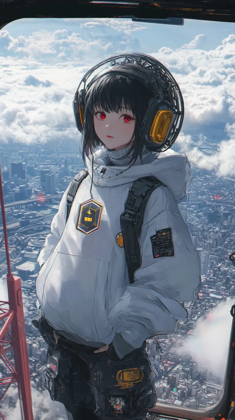 Anime girl with futuristic sword on city rooftop