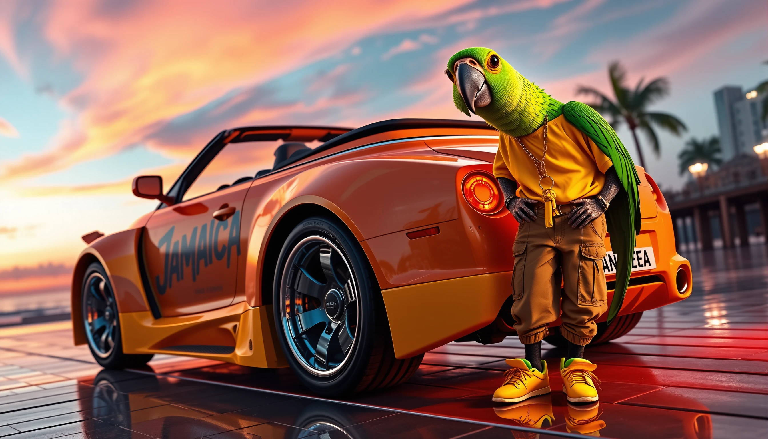 Anthropomorphic Rapper Parrot Beside Tropical Tuner Convertible