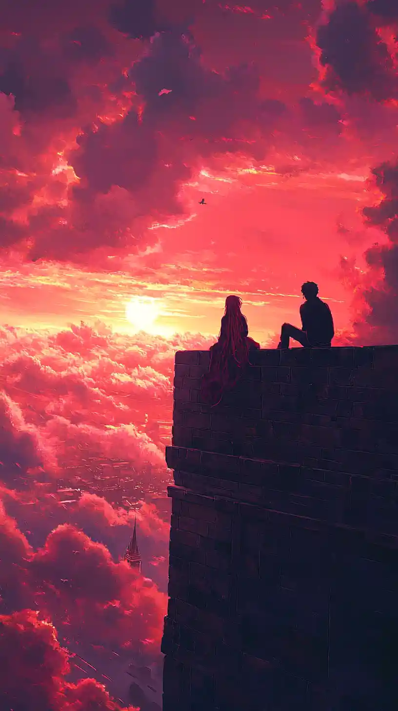 Anime couple on old brick castle at romantic sunset
