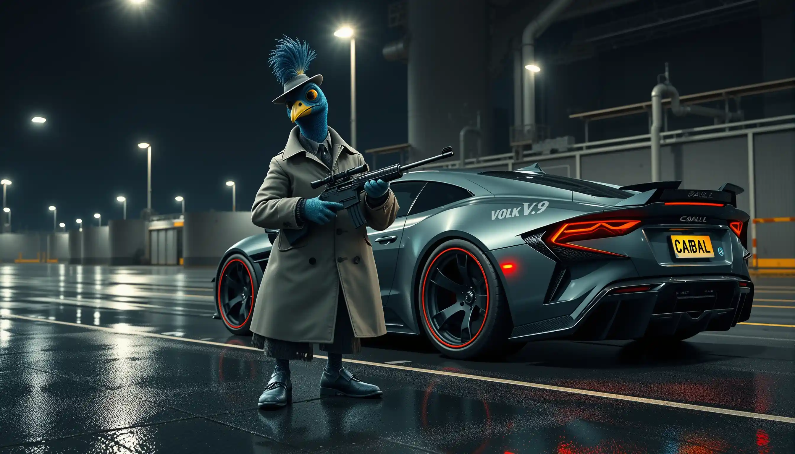 Anthropomorphic Peacock Enforcers Beside Prototype Spy Car