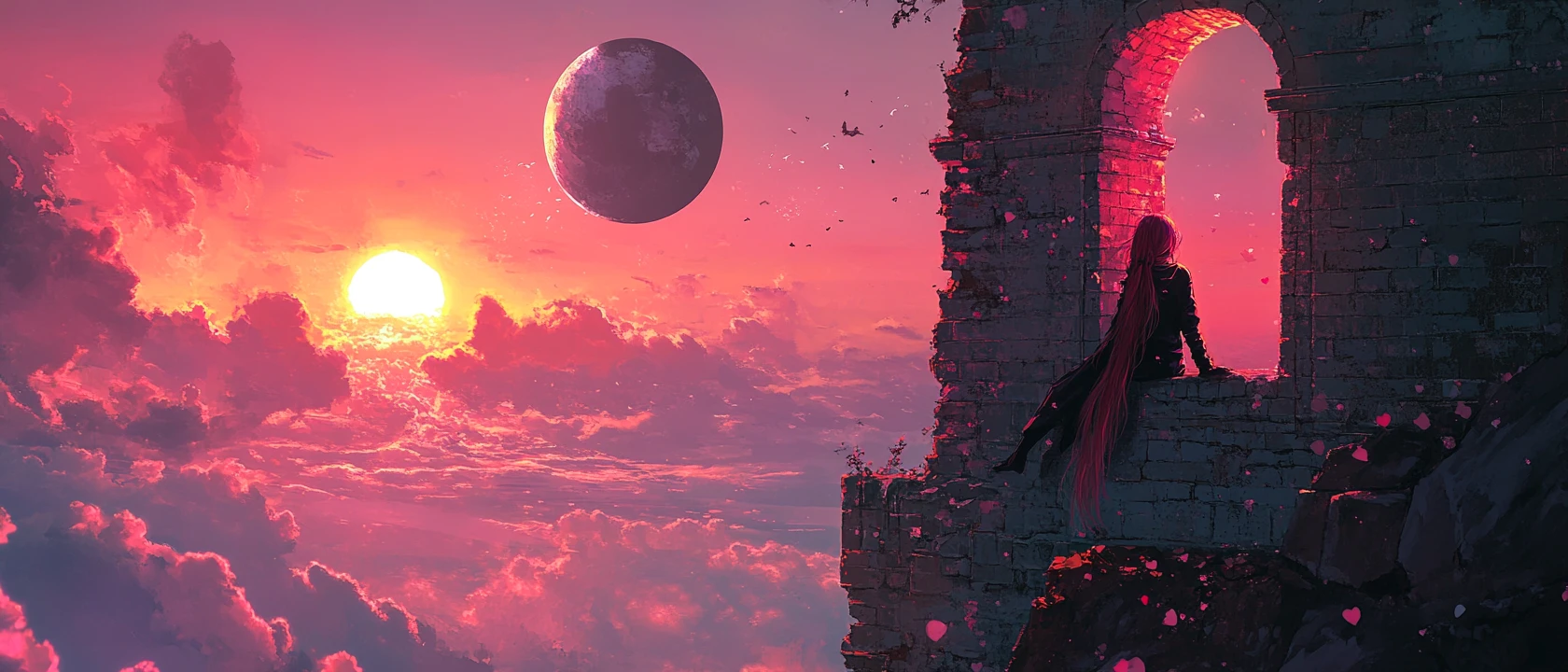 Anime couple on old brick castle wall at sunset