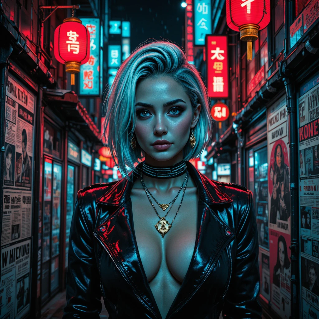 Neon cyberpunk femme fatale in rainy Hong Kong alley
