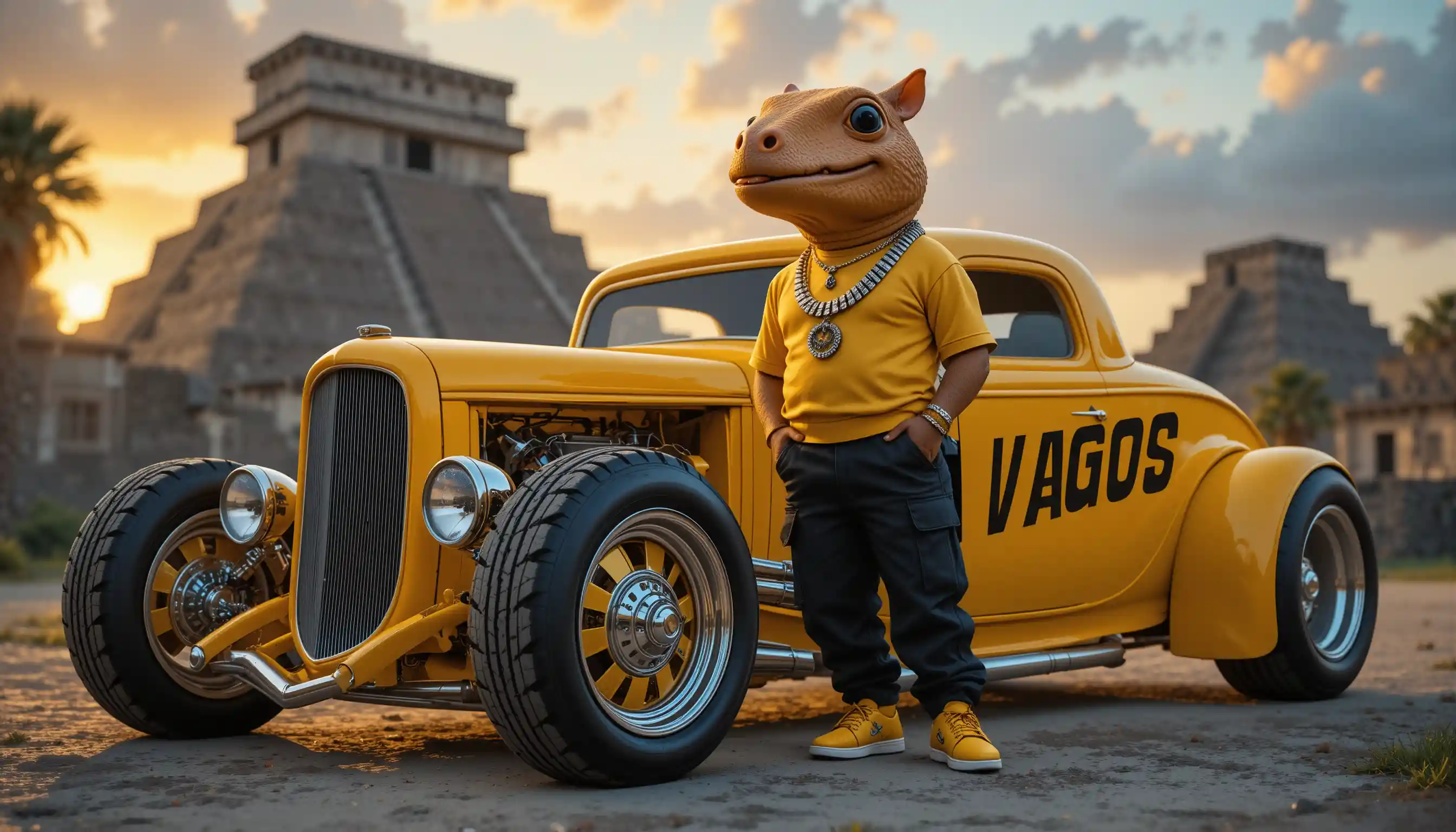 Anthropomorphic armadillo rapper beside yellow hot rod at sunset