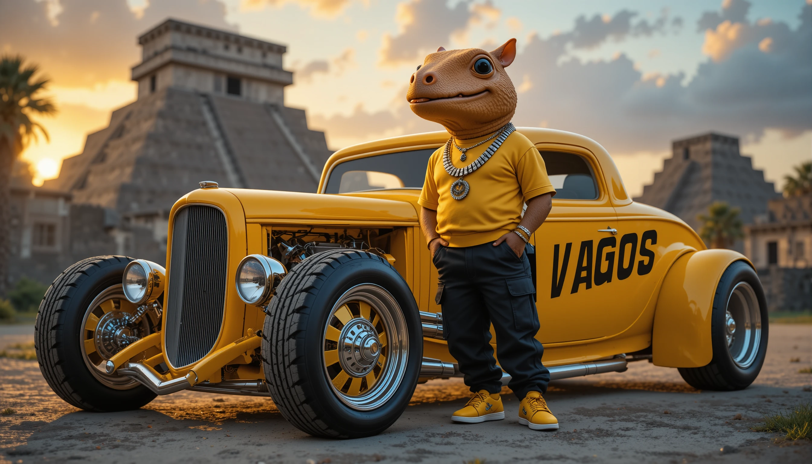 Anthropomorphic armadillo rapper beside yellow hot rod at sunset