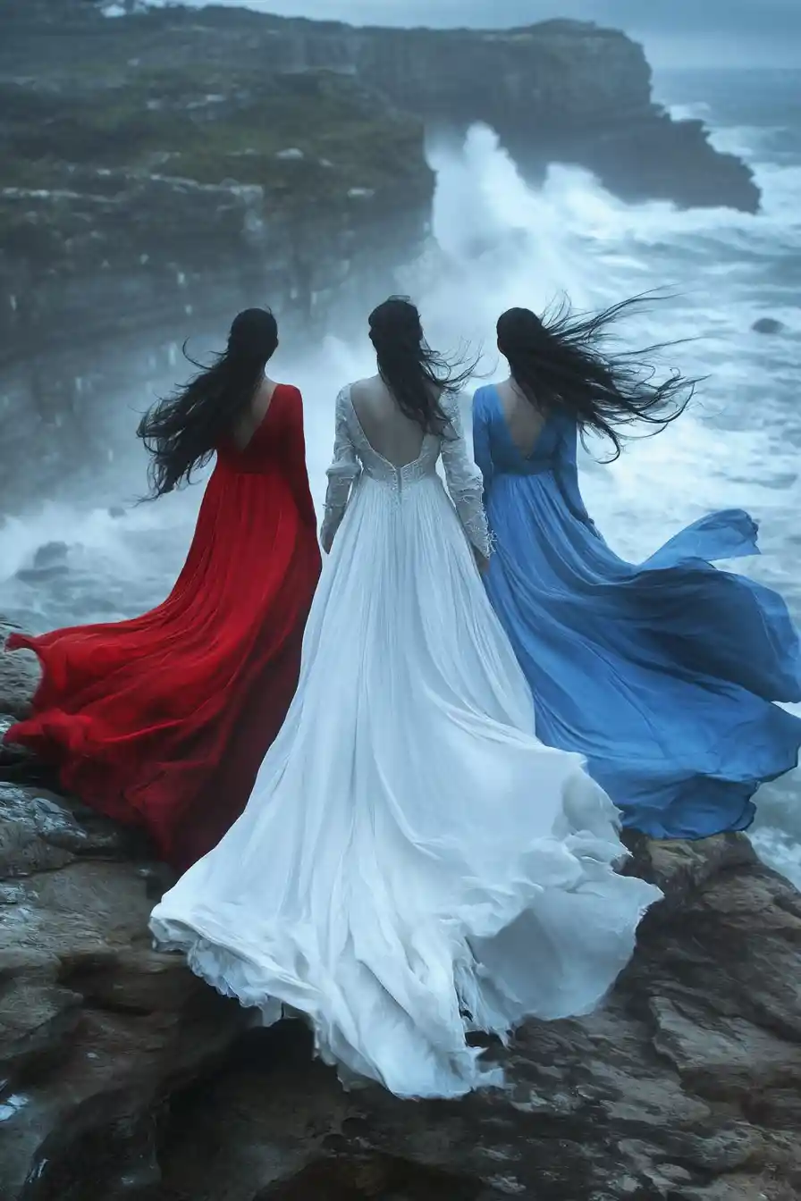 Three women on a cliff above a stormy sea