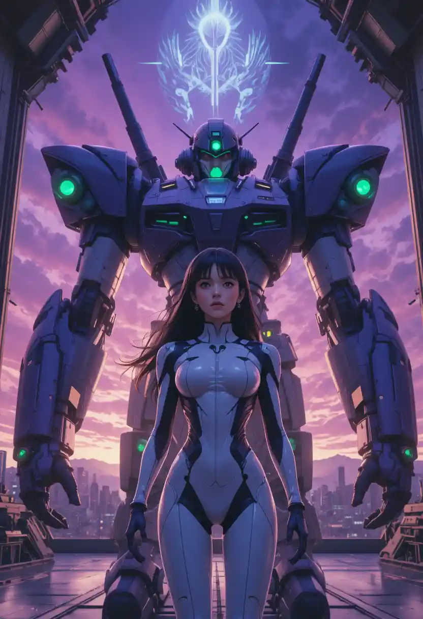 Anime pilot before towering mecha in sunset city hangar
