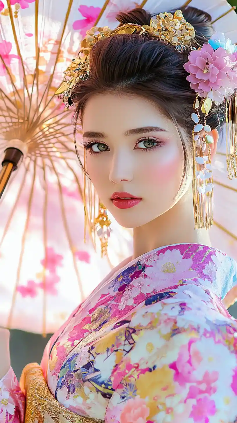 Japanese girl in floral kimono with cherry blossom hairpiece