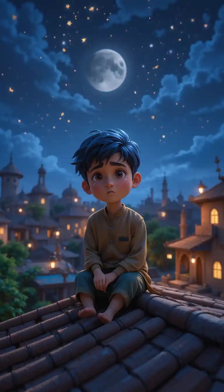 Ragazzo triste seduto su un tetto nella notte dell'Eid