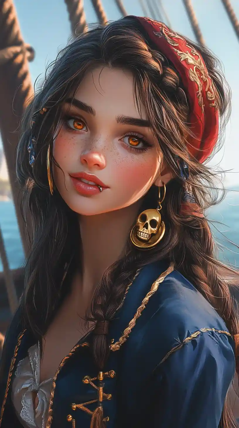 Donna pirata fantasy sicura di sé su un ponte sopra un mare calmo