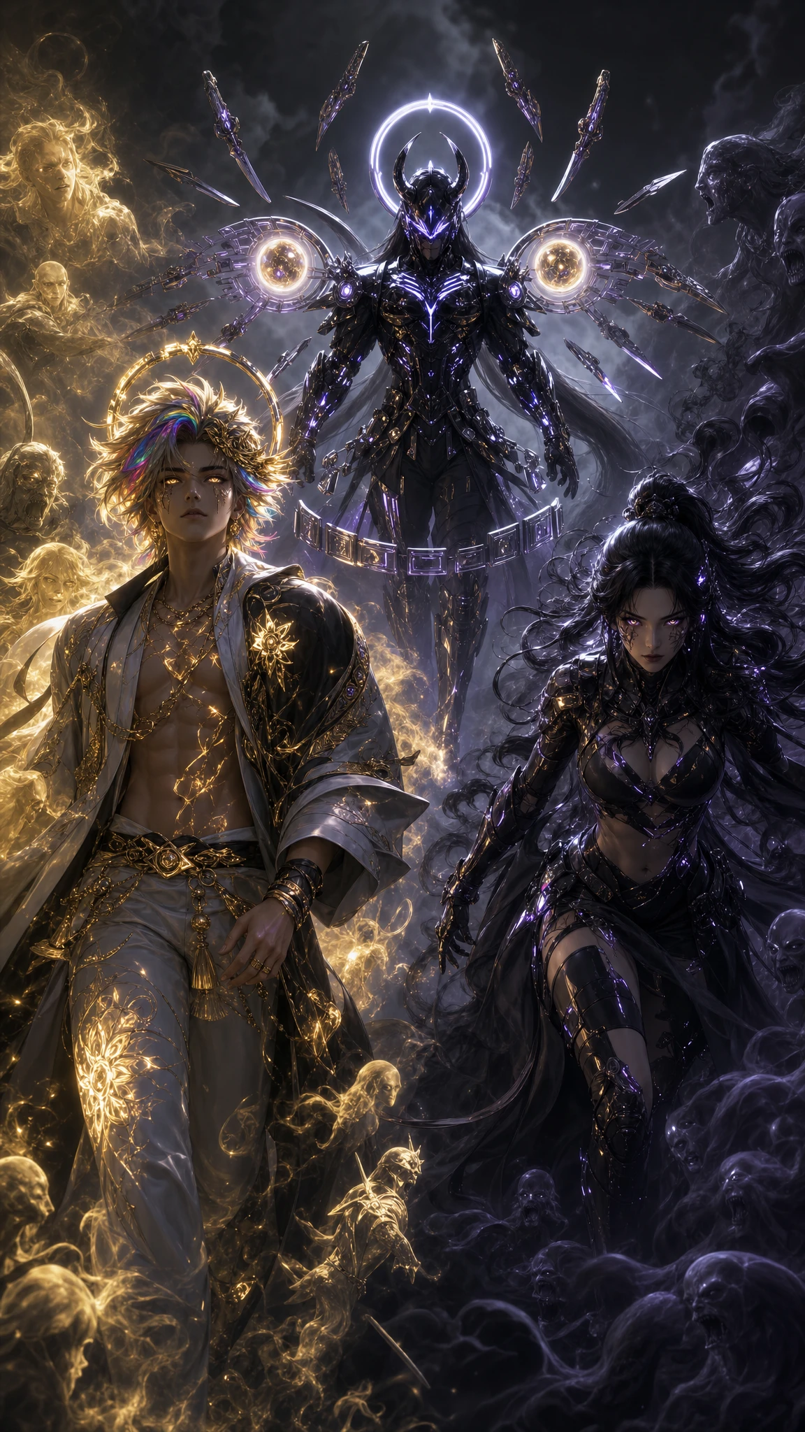 Young halo crowned warrior walking through glowing spirits