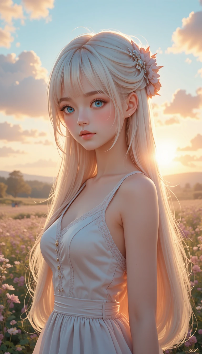 Blonde anime girl in flower field at golden sunset