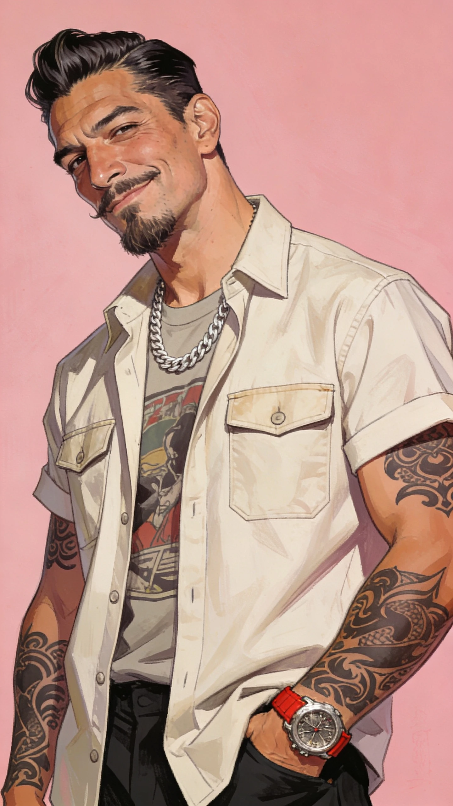 Confident tattooed man portrait on pink minimalist background