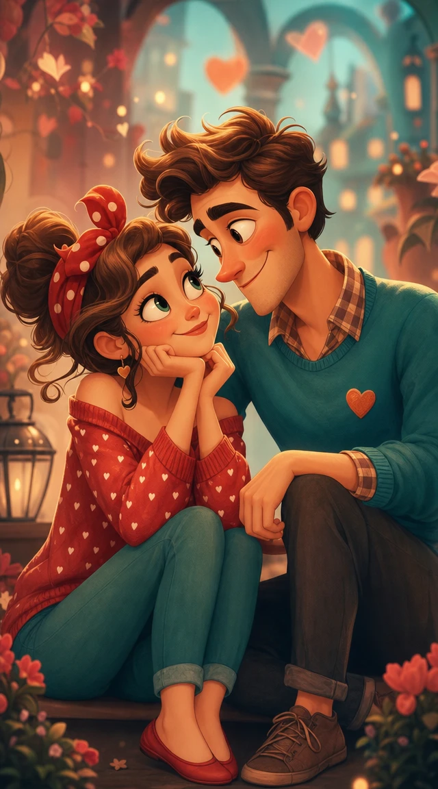 Romantic couple in whimsical storybook style illustration