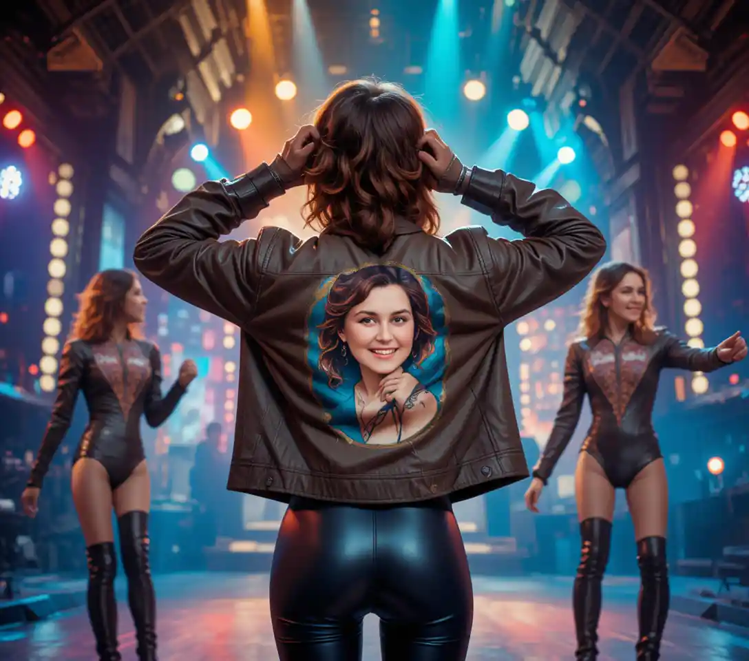 Woman in aviator jacket posing on colorful disco stage