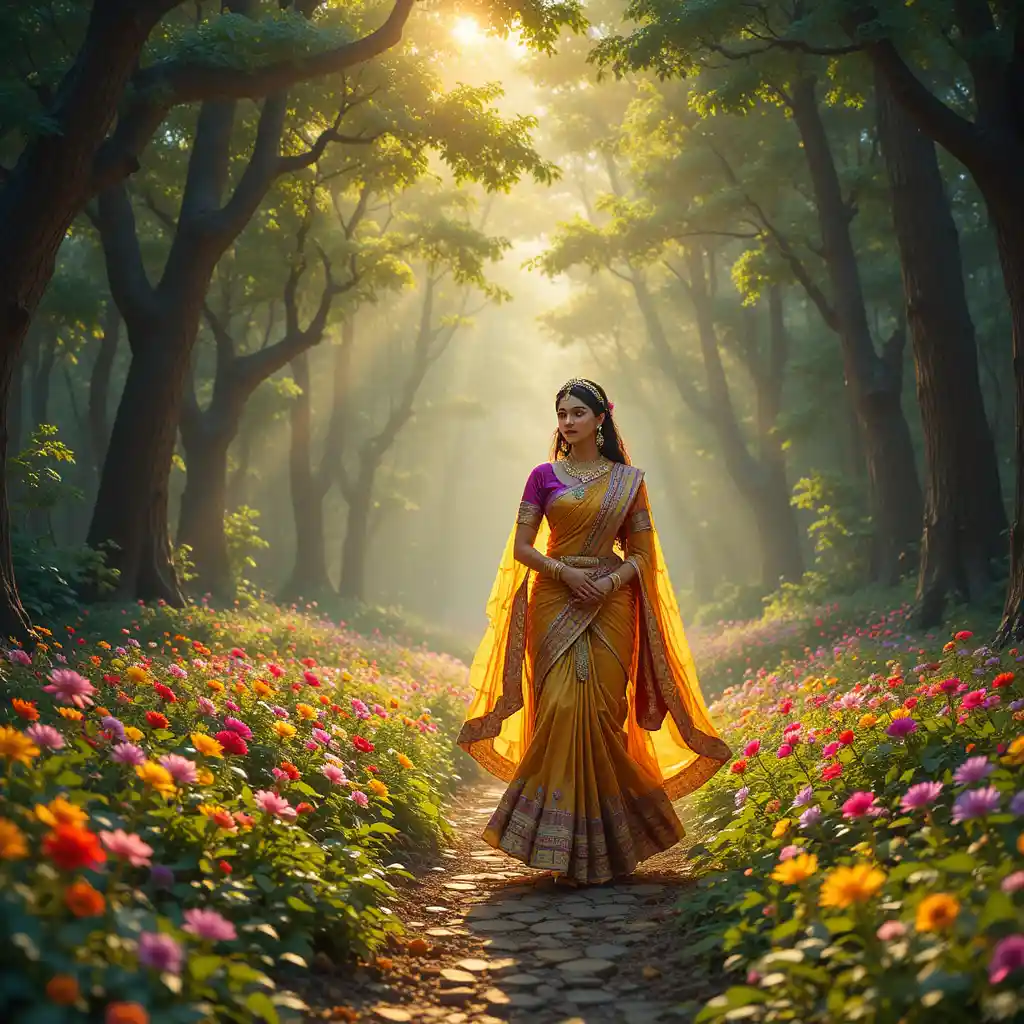 Radha che cammina con le sue compagne in una foresta pacifica