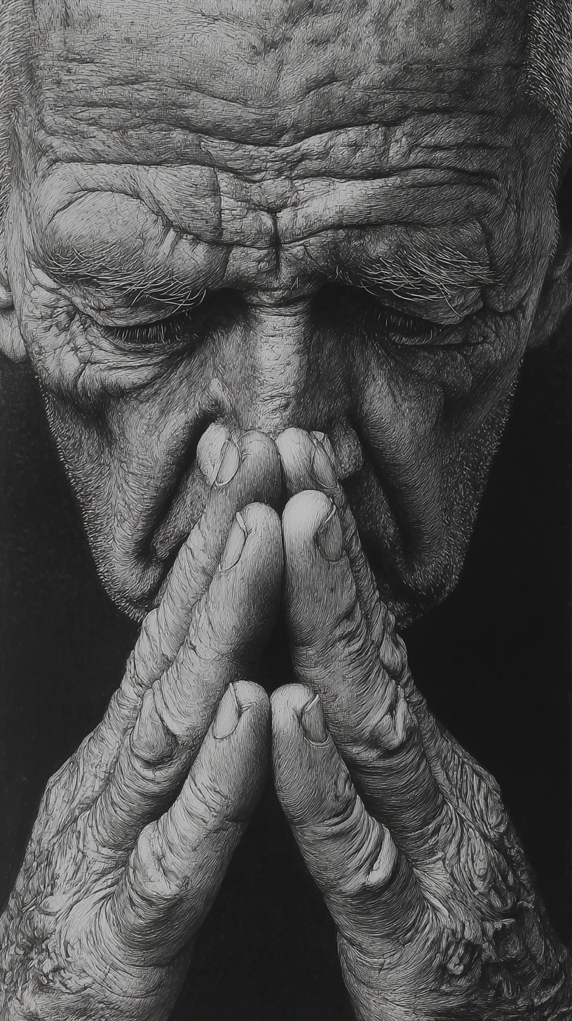Graphite close up of an old man praying in silence