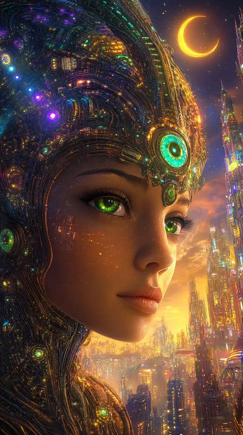 Ethereal celestial goddess close up in alien neon cityscape