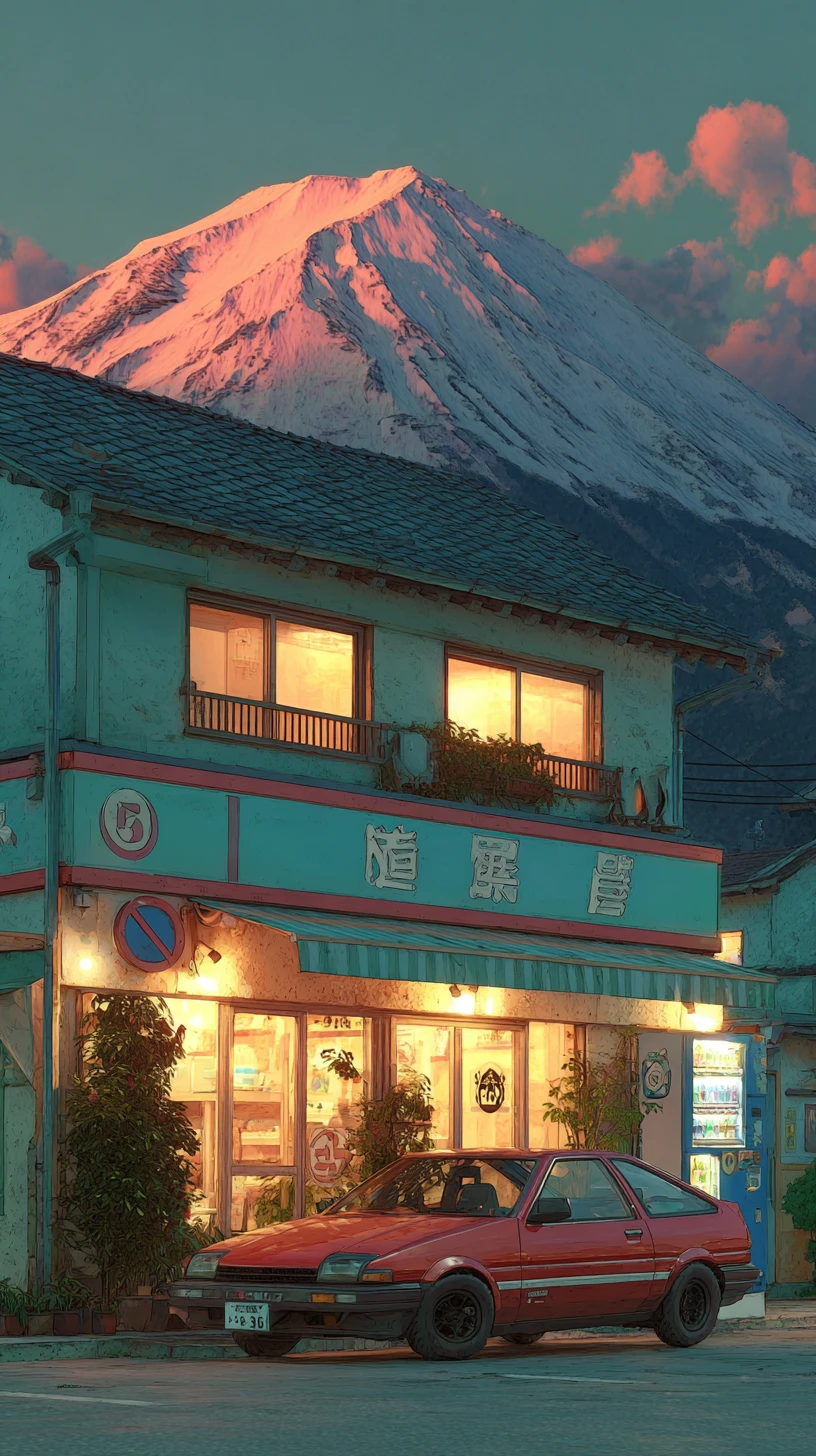 Coche de anime en tienda de tofu con vista a la montaña al atardecer