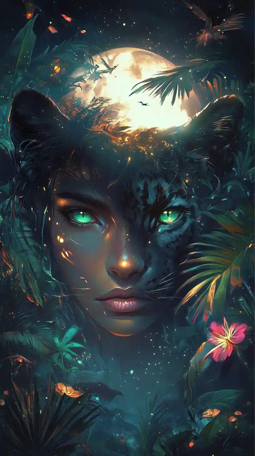 Mystische Frau, mit Panther verschmolzen unter leuchtendem Vollmond