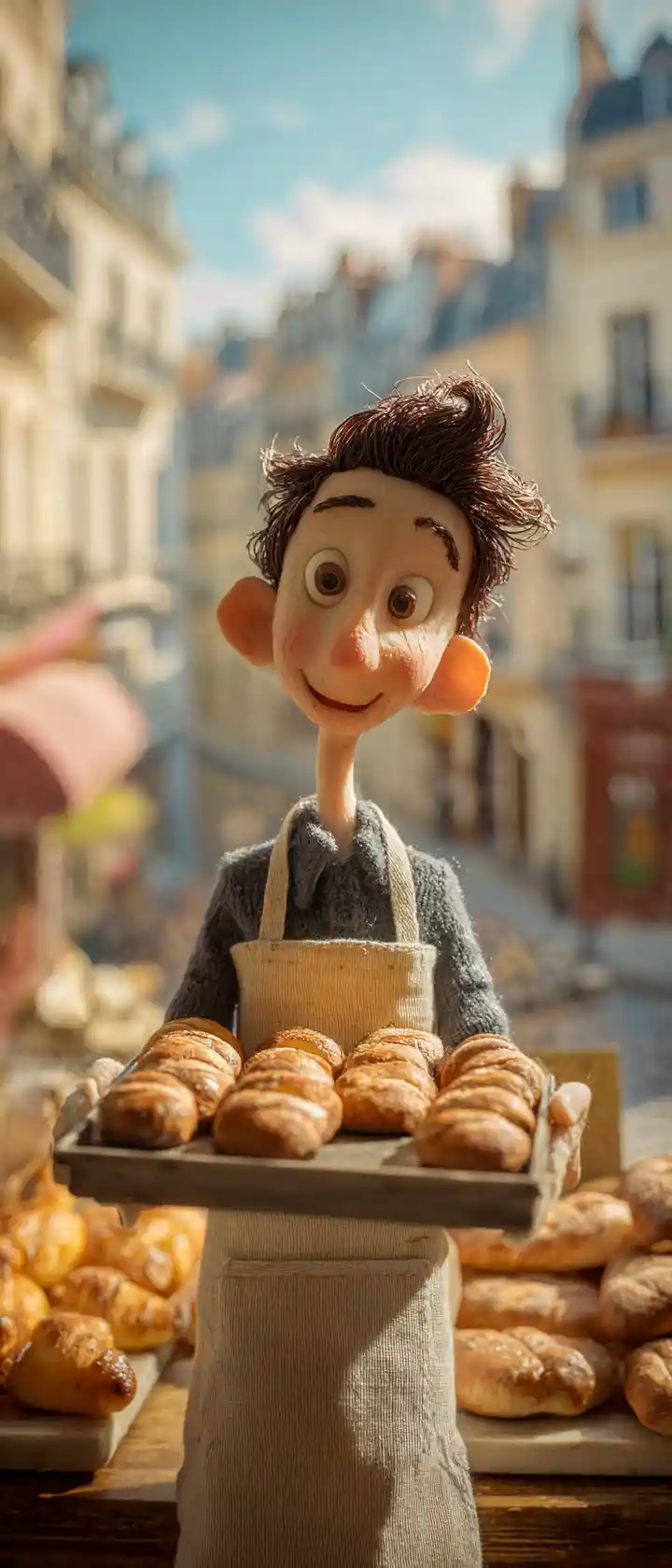 Clay anime girl baker holding tiny bread in sunlight