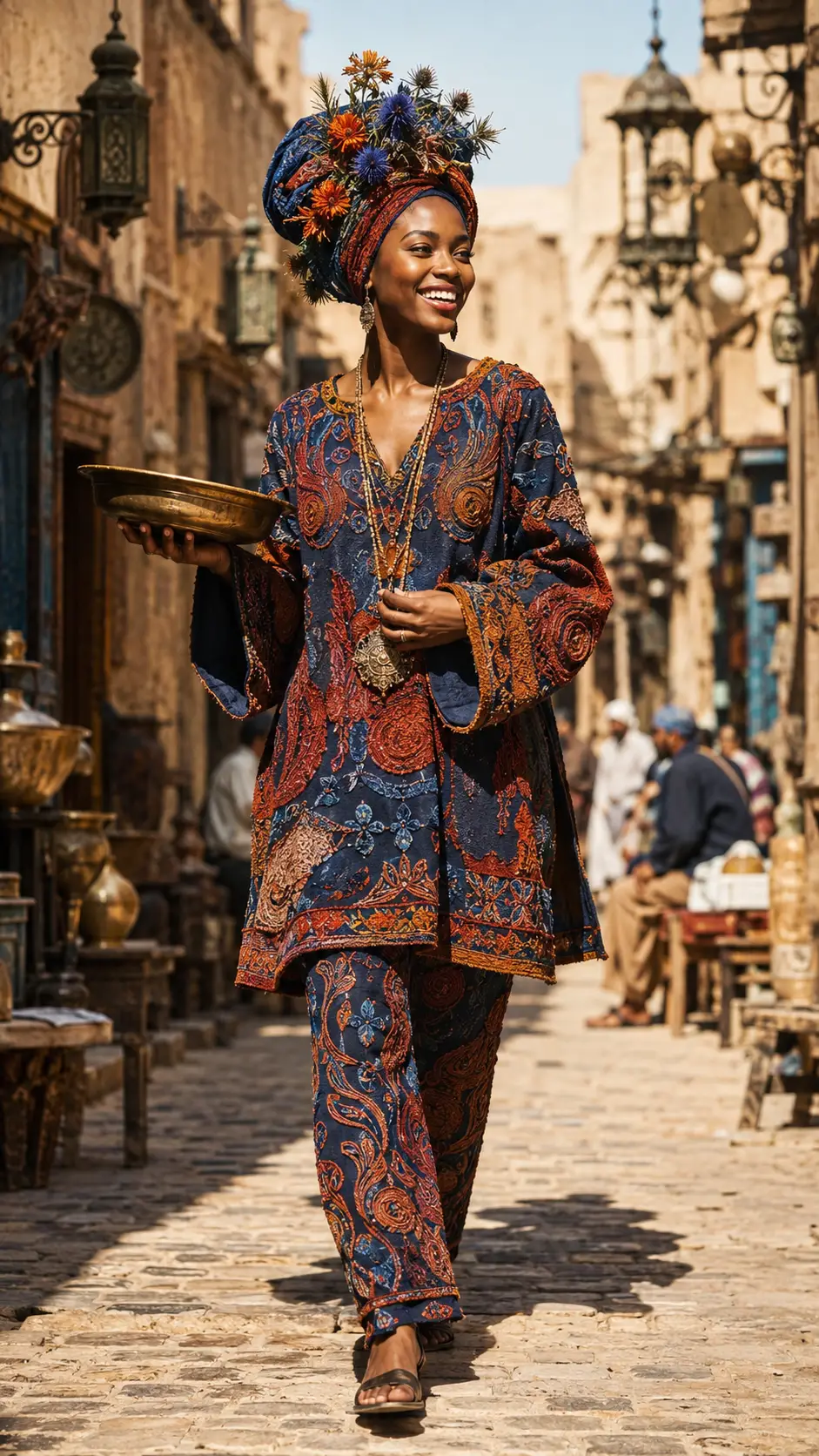Mulher alegre e estilosa caminhando por rua de mercado banhada de sol