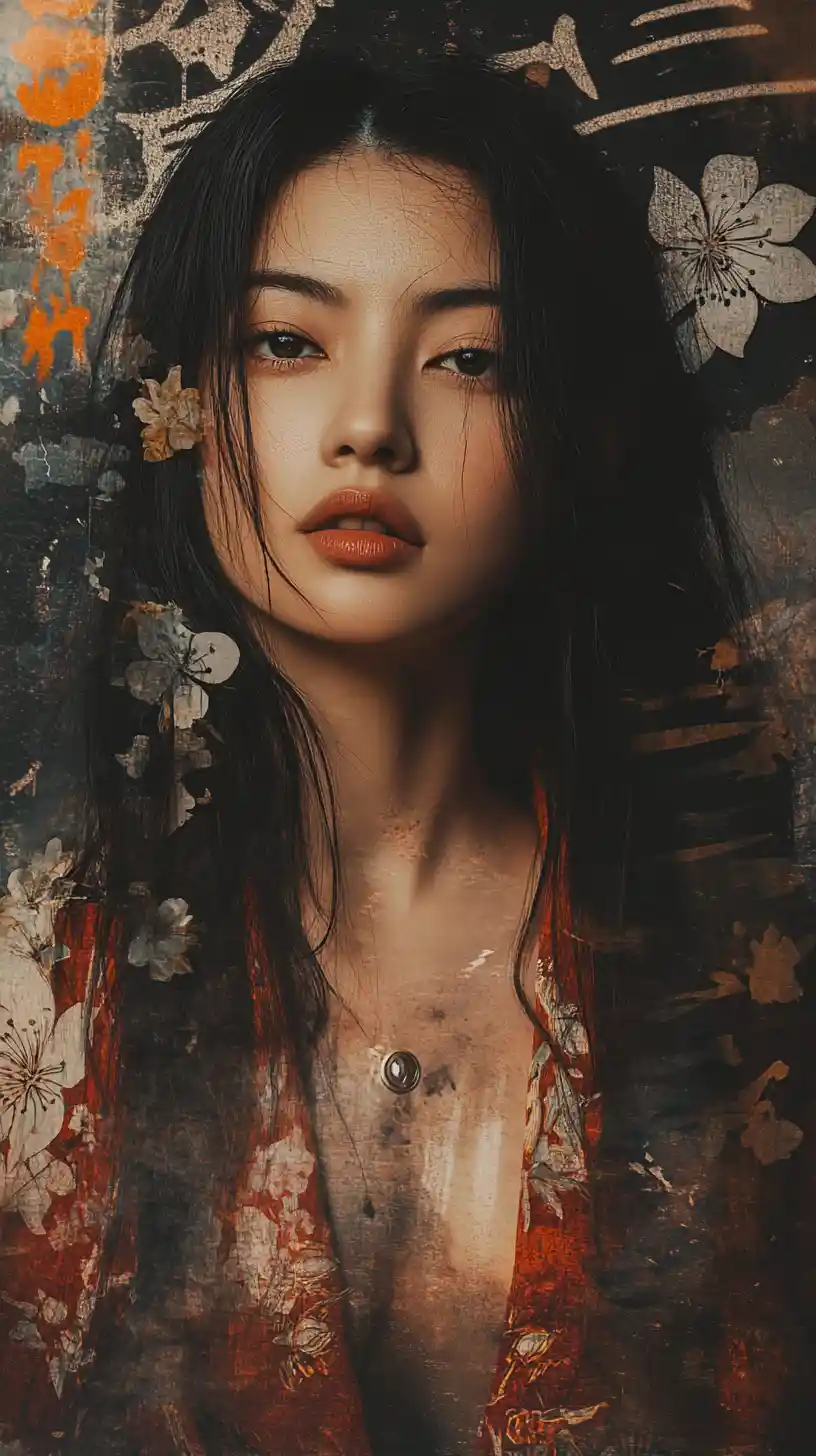 Elegant Asian woman portrait with cherry blossom hair