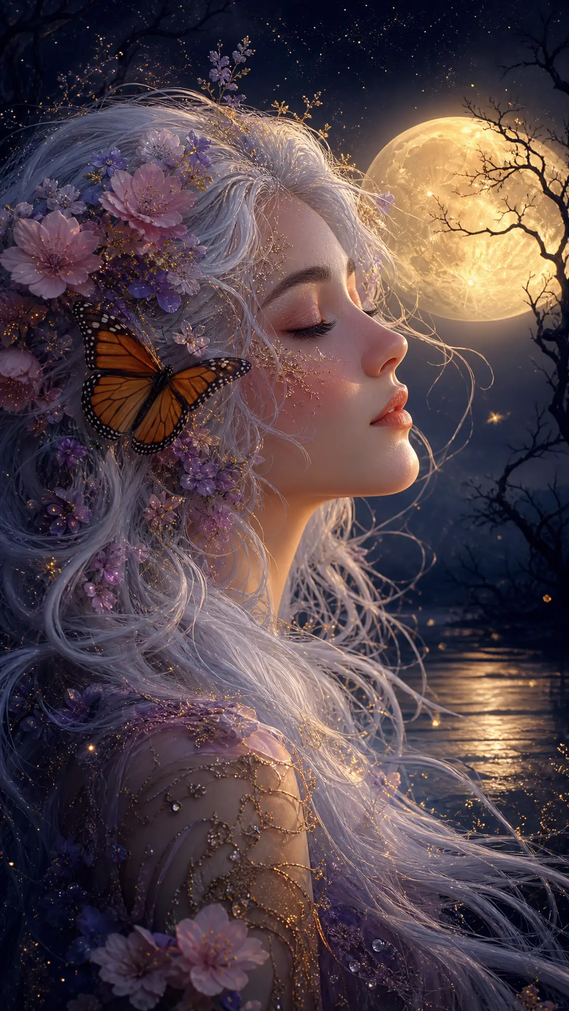Serene moonlit portrait of a woman with floral white hair