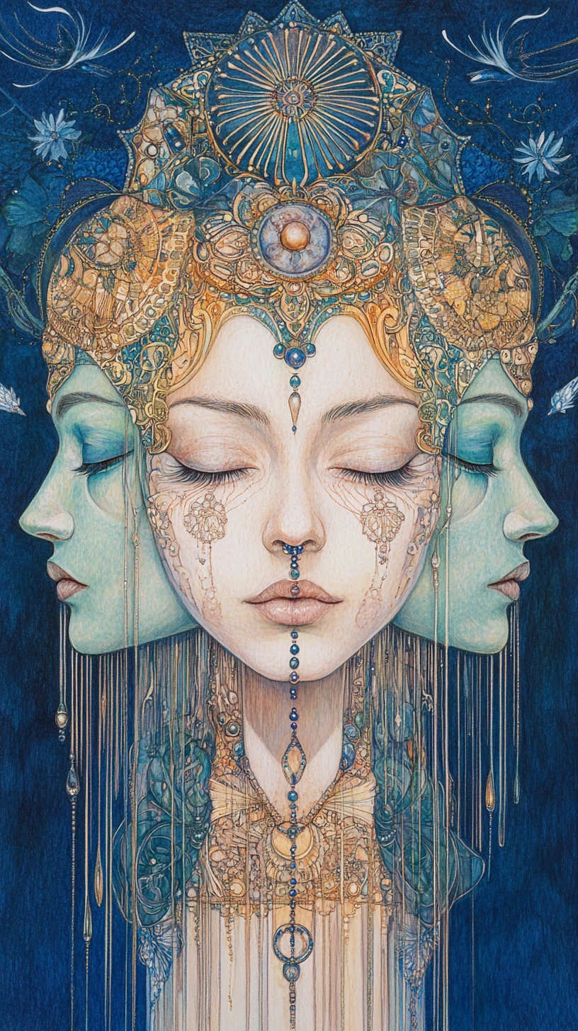 Surreal colored pencil portrait of merging female faces